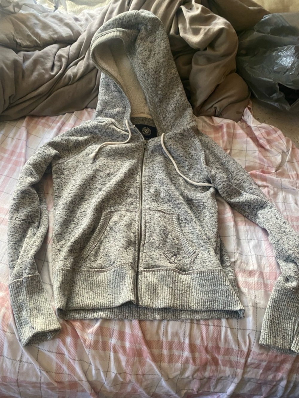 American Eagle Outfitters Heather Gray Zip-Up Hooded Sweatshirt